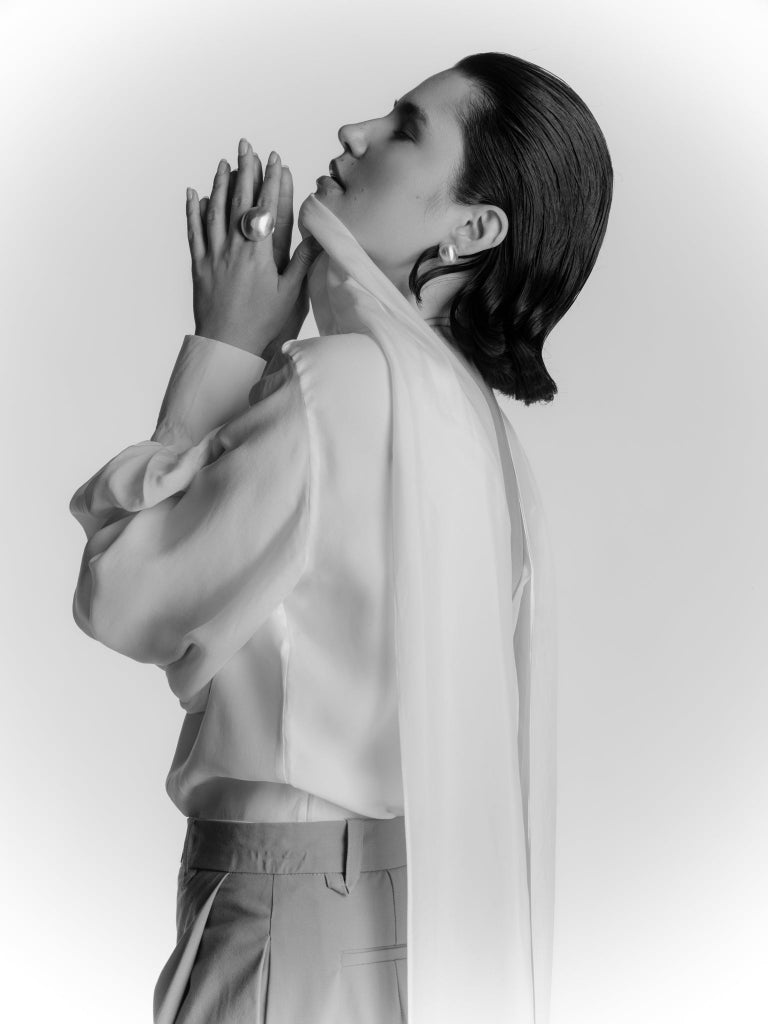 Blouse with Oversized Scarf Style Collar - Off-White by Zamsee