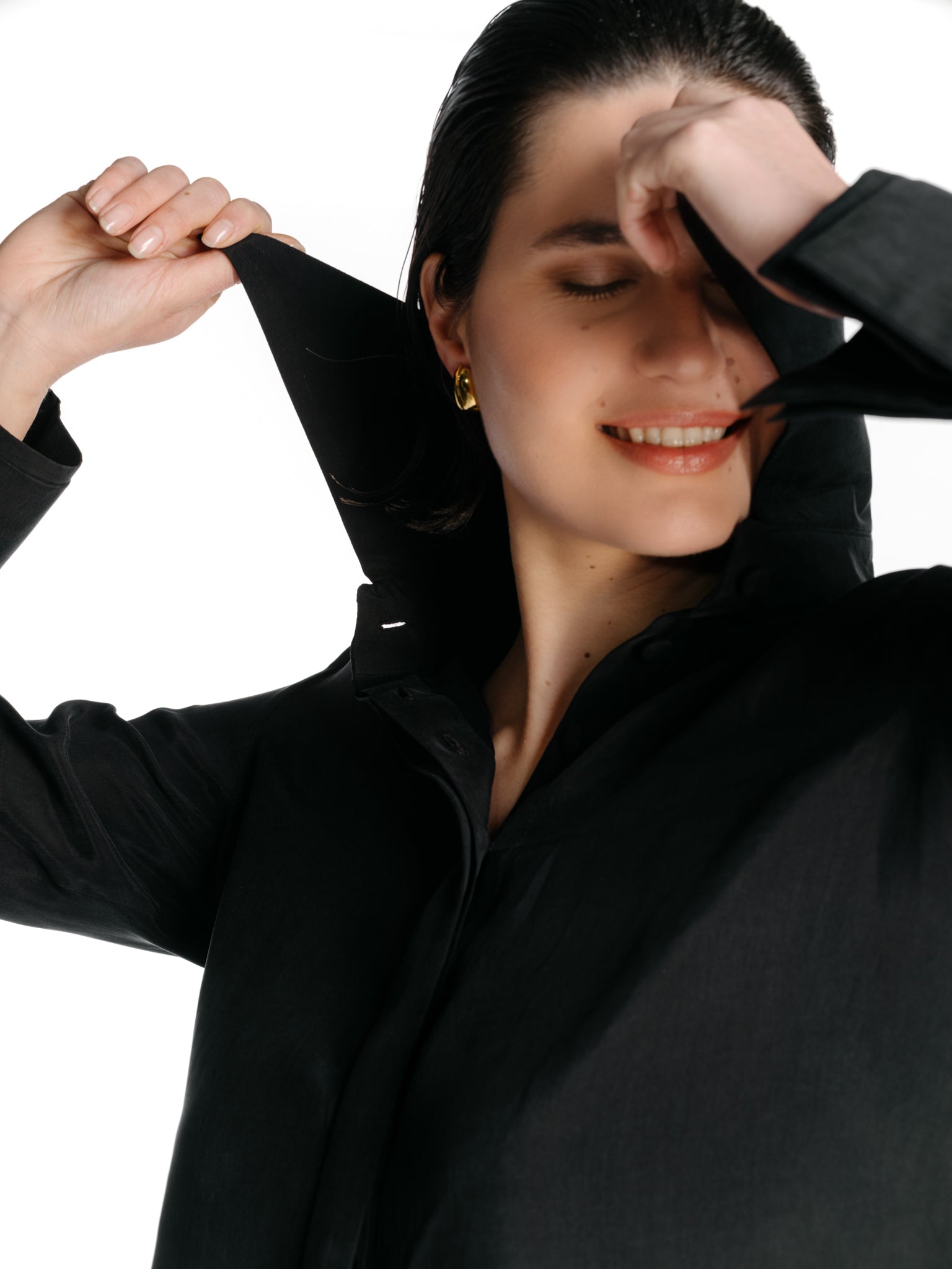 Cupro Shirt with Large Collar in Black by Zamsee
