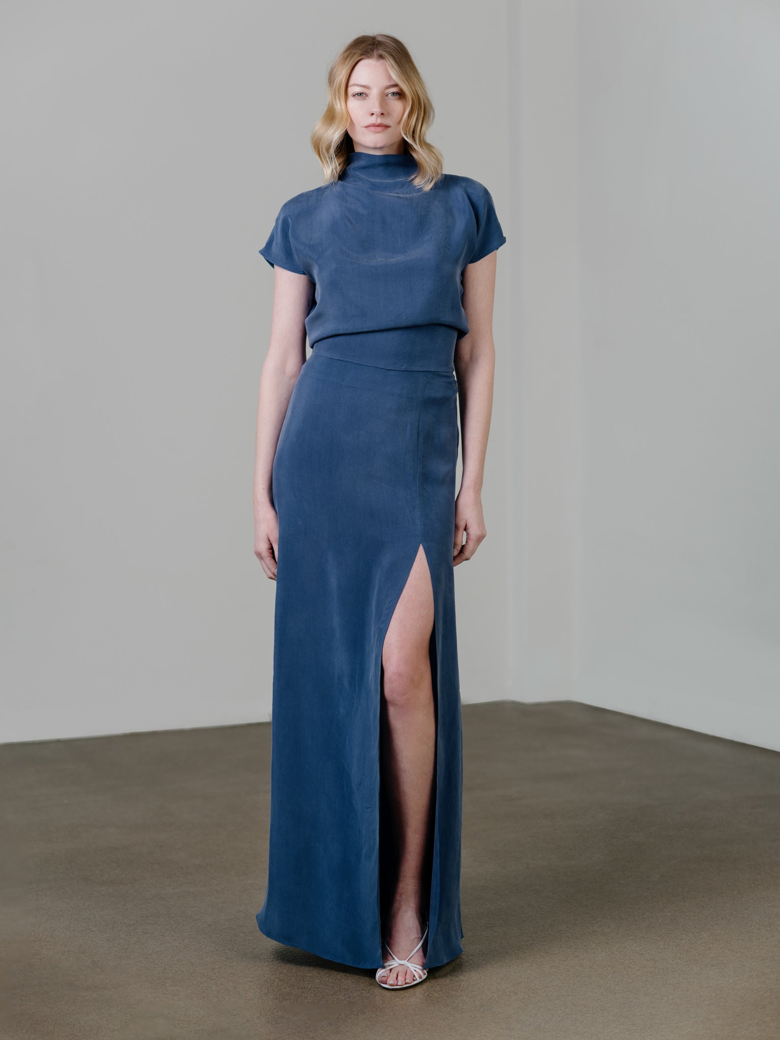 Side Slit Long Skirt in Dolphin Blue by Zamsee