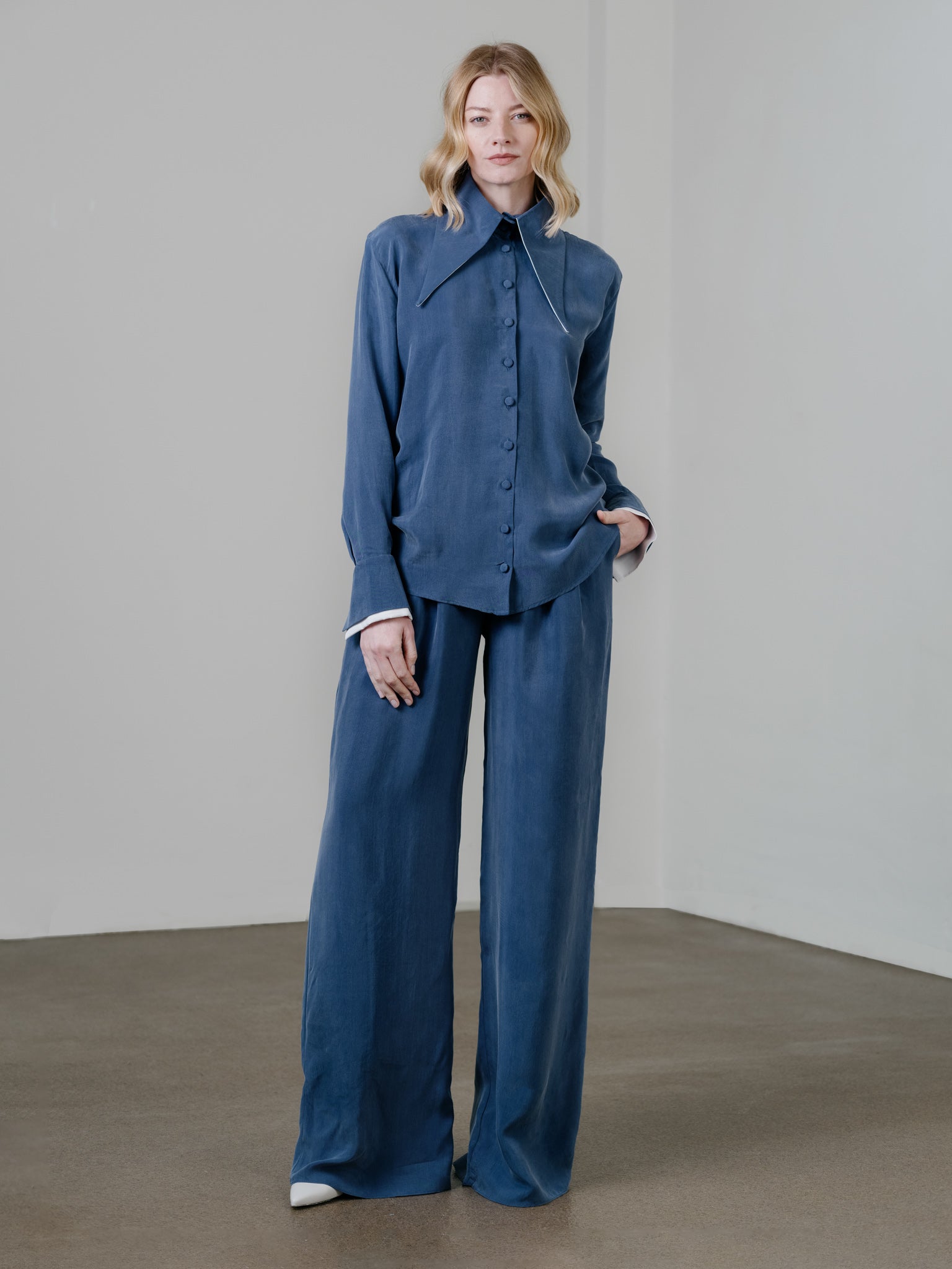 Cupro Loose Trousers - Dolphin Blue by Zamsee