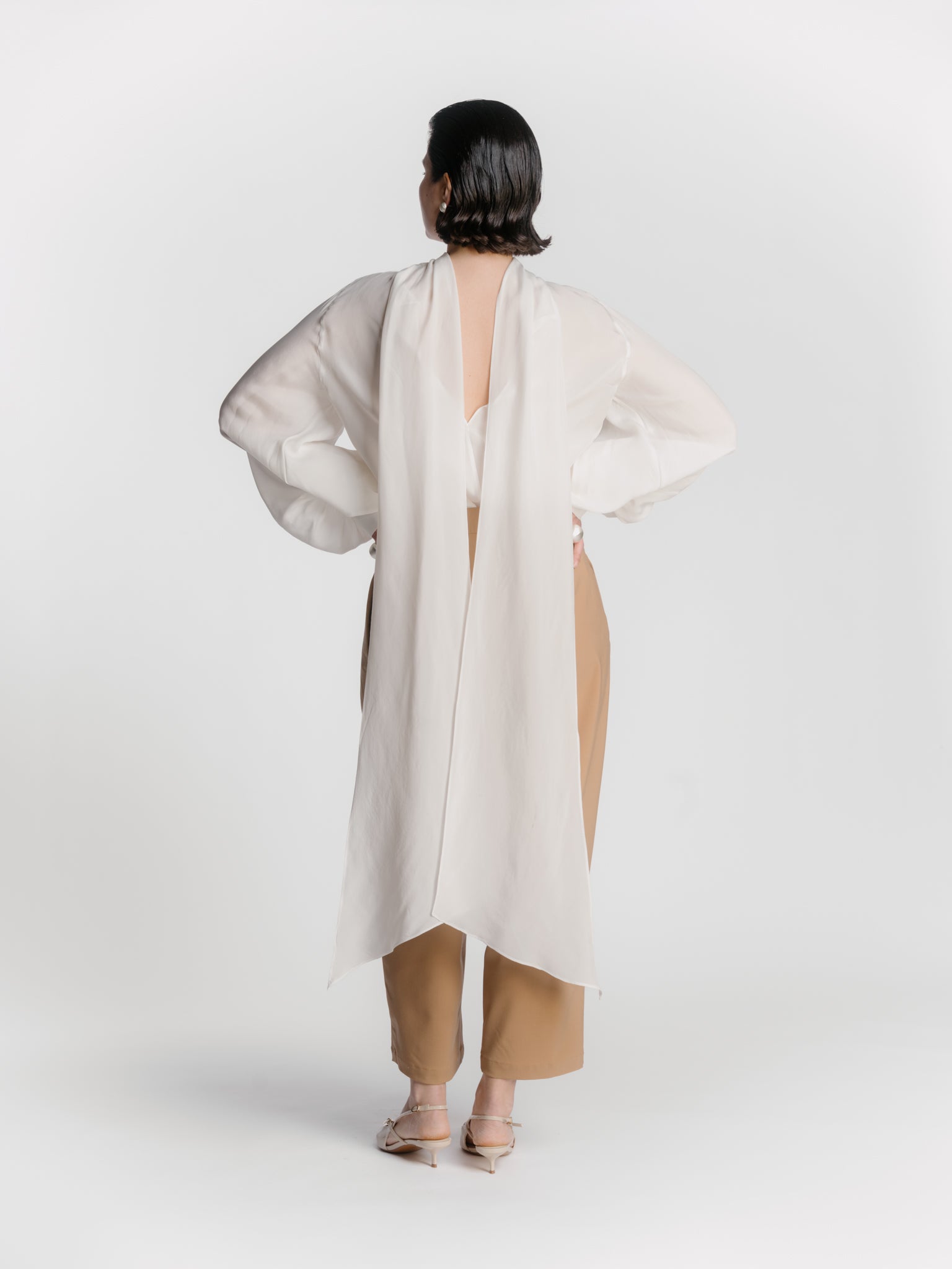 Silk Blouse with Oversized Scarf Style Collar - Off-White