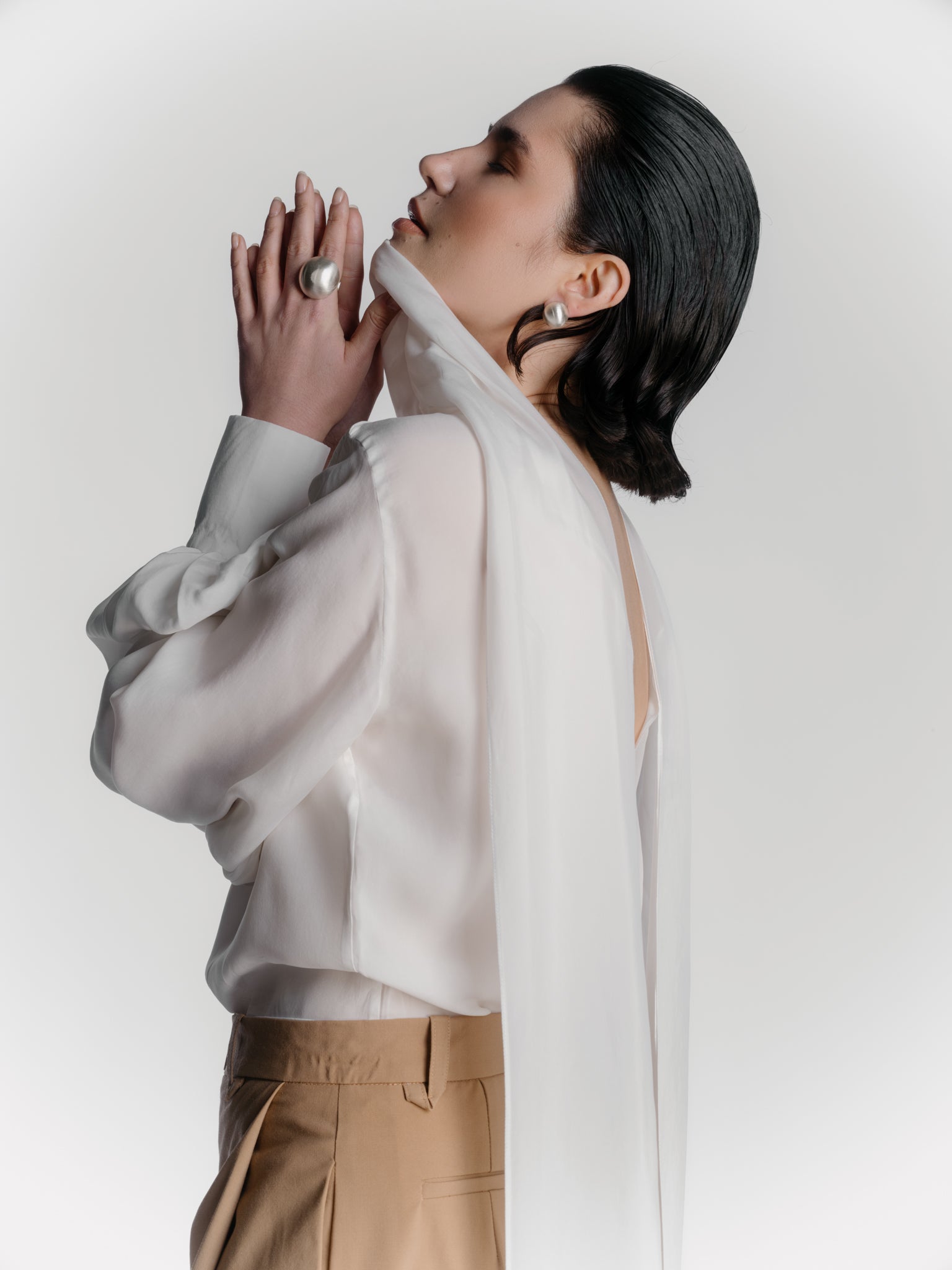 Silk Blouse with Oversized Scarf Style Collar - Off-White
