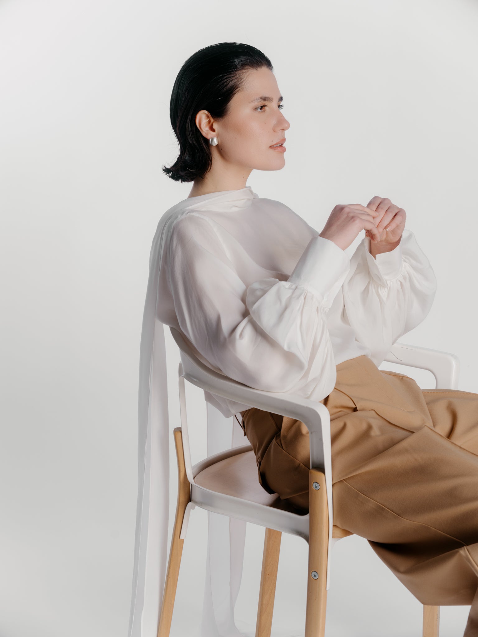 Silk Blouse with Oversized Scarf Style Collar - Off-White
